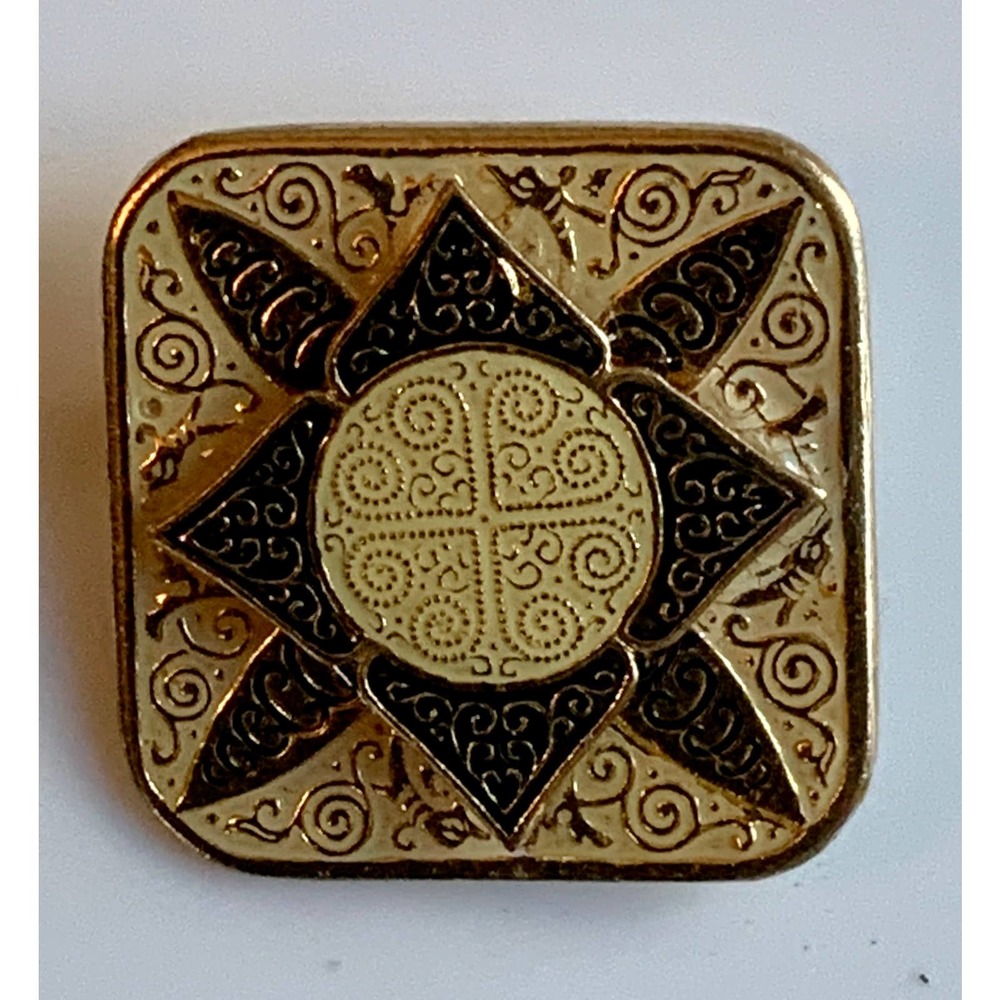Vintage Enamel Patterned Square Brooch / Pin Gold tone